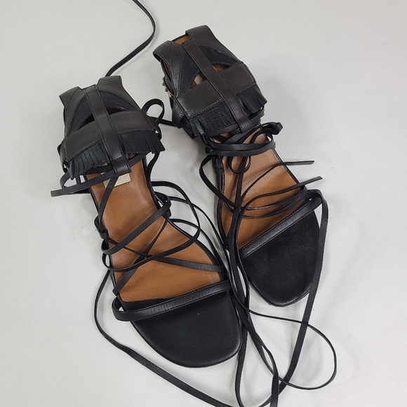 VALENTINO Black Leather Tribal Lace Up Sandals sz 37 / 7 - Picture 7 of 12